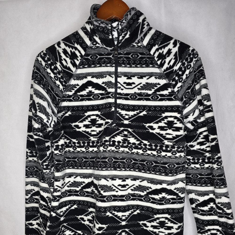 Eddie Bauer Fleece Top Black White Southwest 1/4 Zip Mock Neck Pullover M